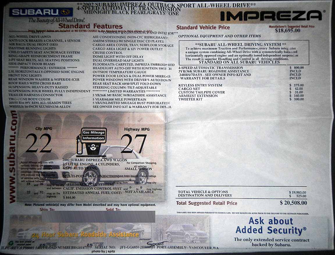 2002 subaru impreza outback sport monroney window sticker