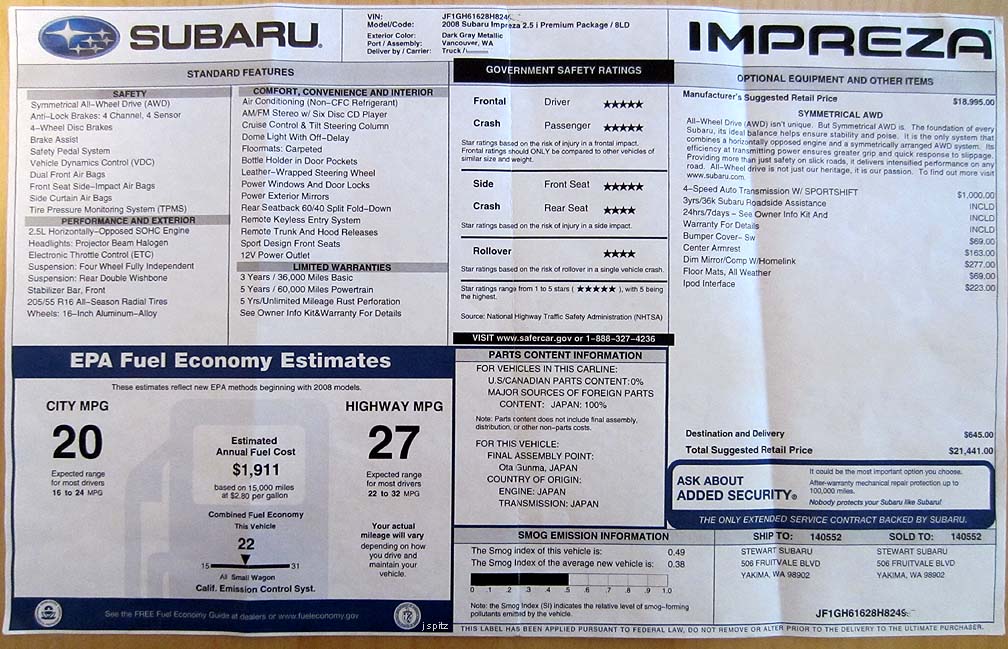 2008 Subaru Impreza window price sticker monroney label