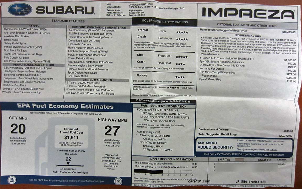2008 Subaru Impreza Premium 4 door sedan features and price Monroney window sticker