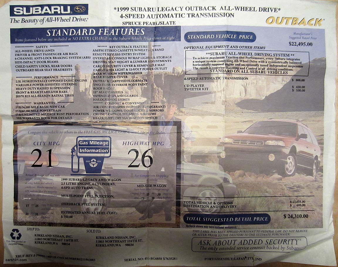 1999 Subaru Outback window price sticker