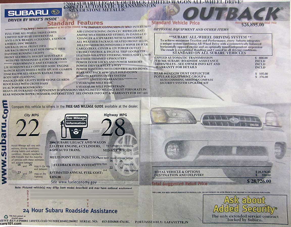 2004 Subaru Outback 2.5i Limited window Monroney price sticker