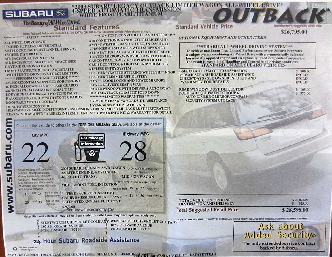 2013 Subaru Outback Limited features and options window Monroney price sticker