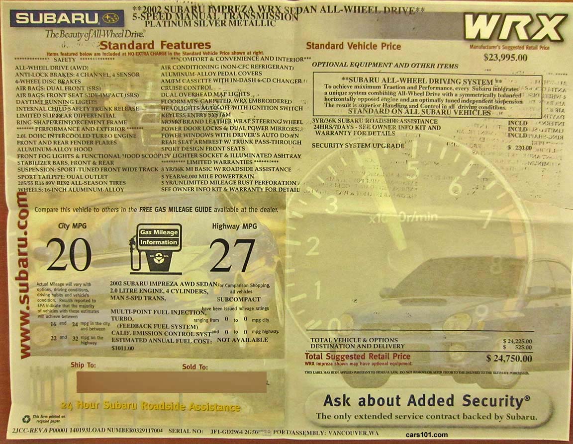 2002 Subaru Impreza WRX sedan Monroney window price sticker. First year for the U.S. WRX