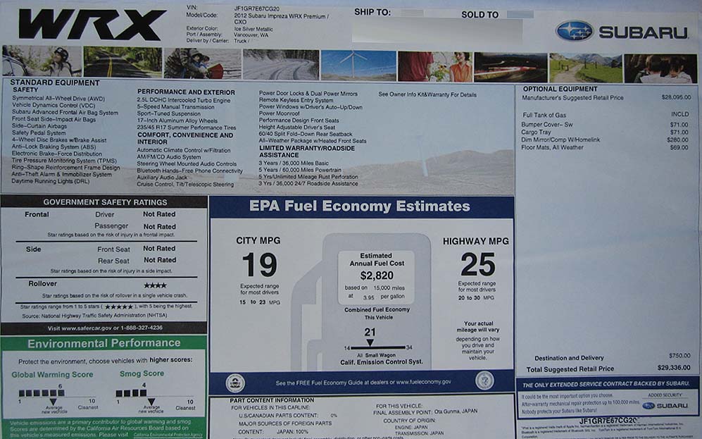 2012 Subaru WRX Premium Monroney window price sticker