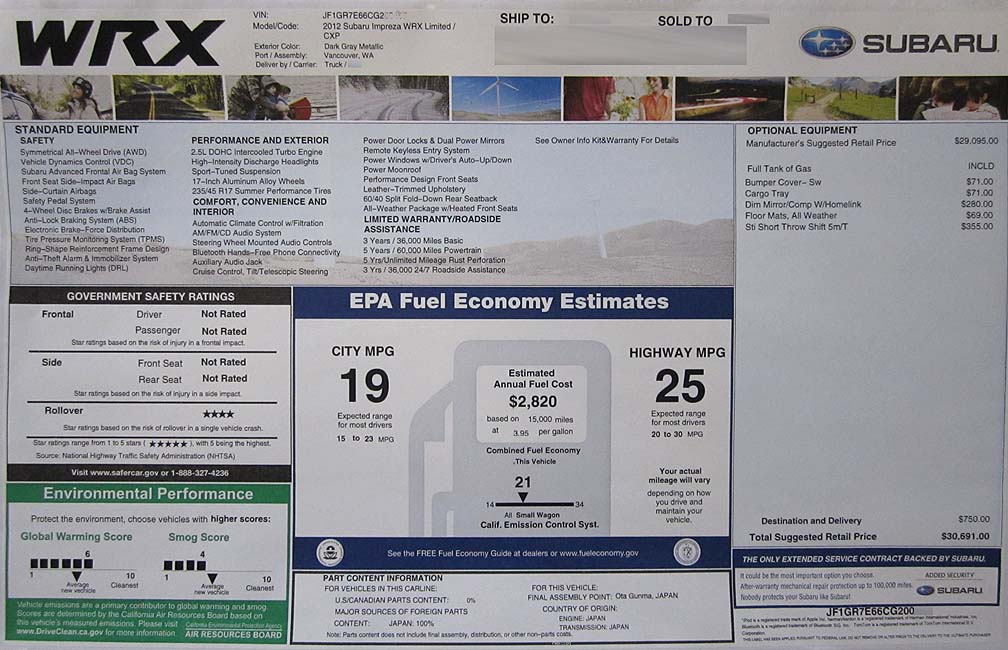Subaru 2012 WRX price sticker