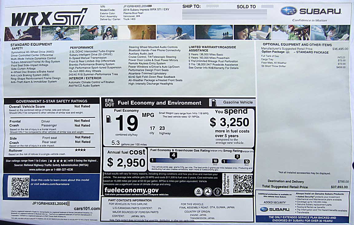 2014 subaru impreza sti 5 door hatchback price label