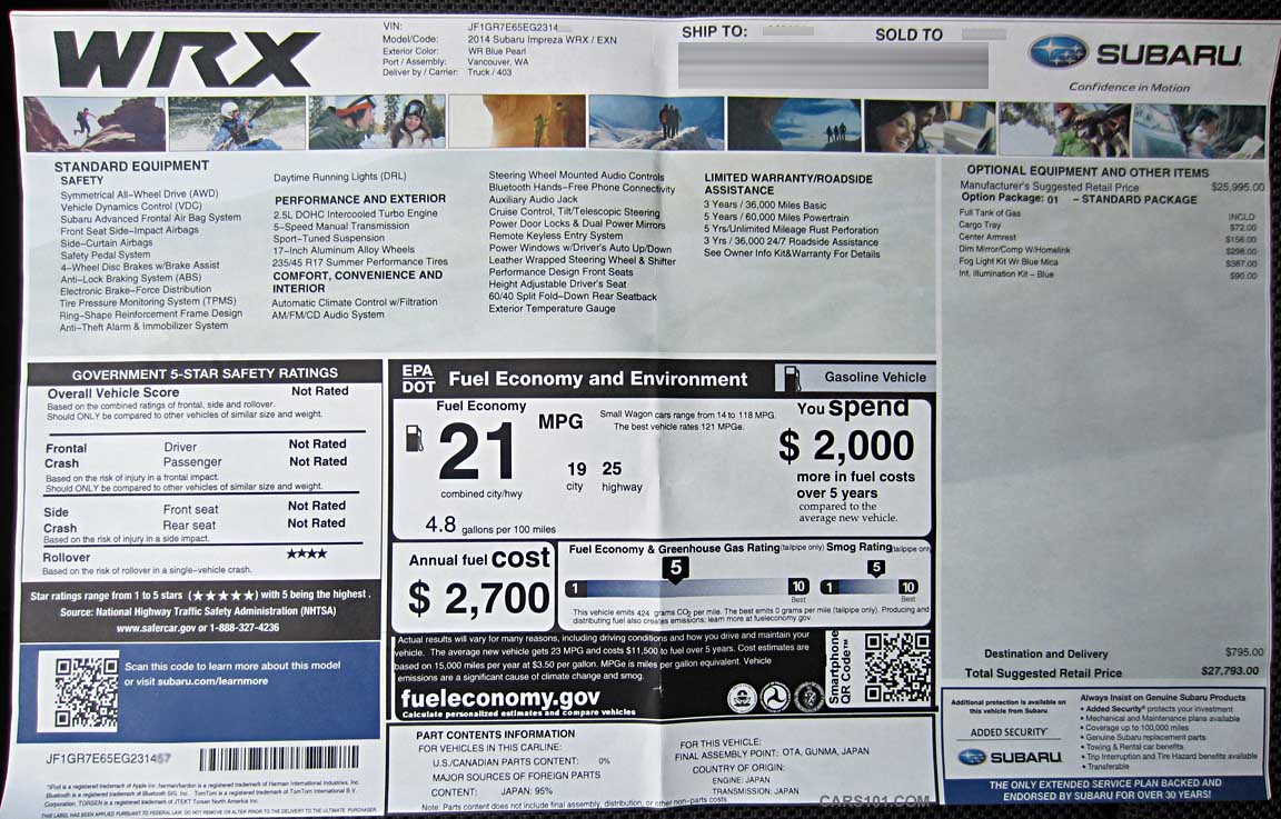 2014 WRX 5 door monroney price window sticker. WR Blue color
