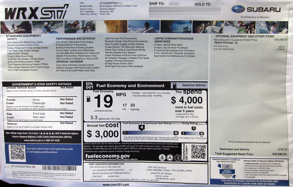 2015 Subaru STI Limited window information and price sticker