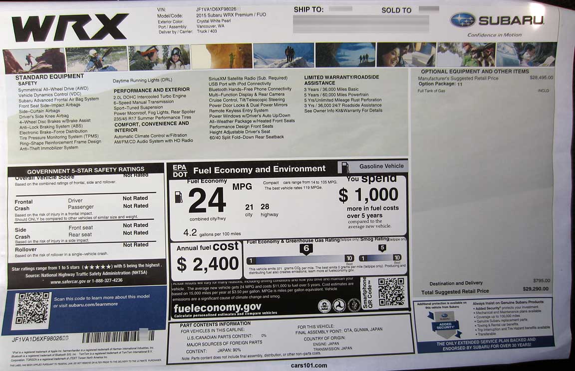 2015 Subaru WRX Premium price and information monroney window sticker