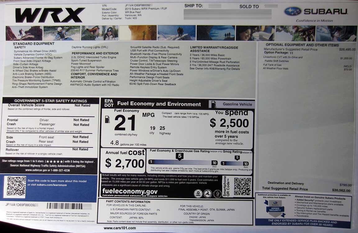 subaru 2015 WRX window price sticker