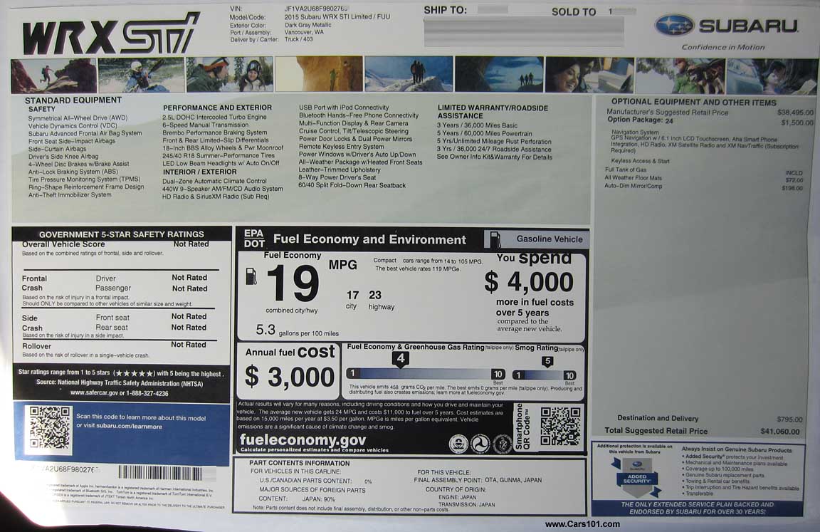 2015 Subaru STI Limited with navigation information and price window sticker