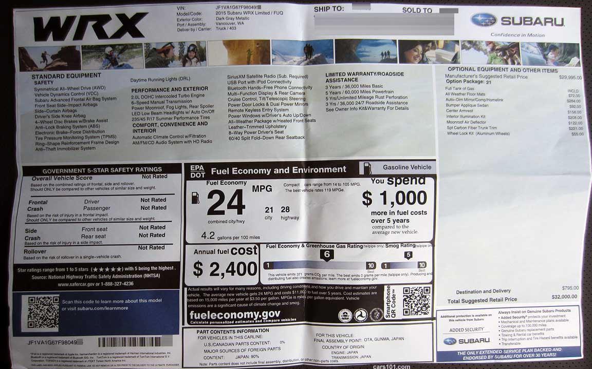 2015 subaru wrx limited window price information sticker
