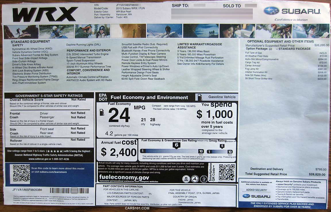 2015 Subaru WRX base model window price sticker, code FUN, with options