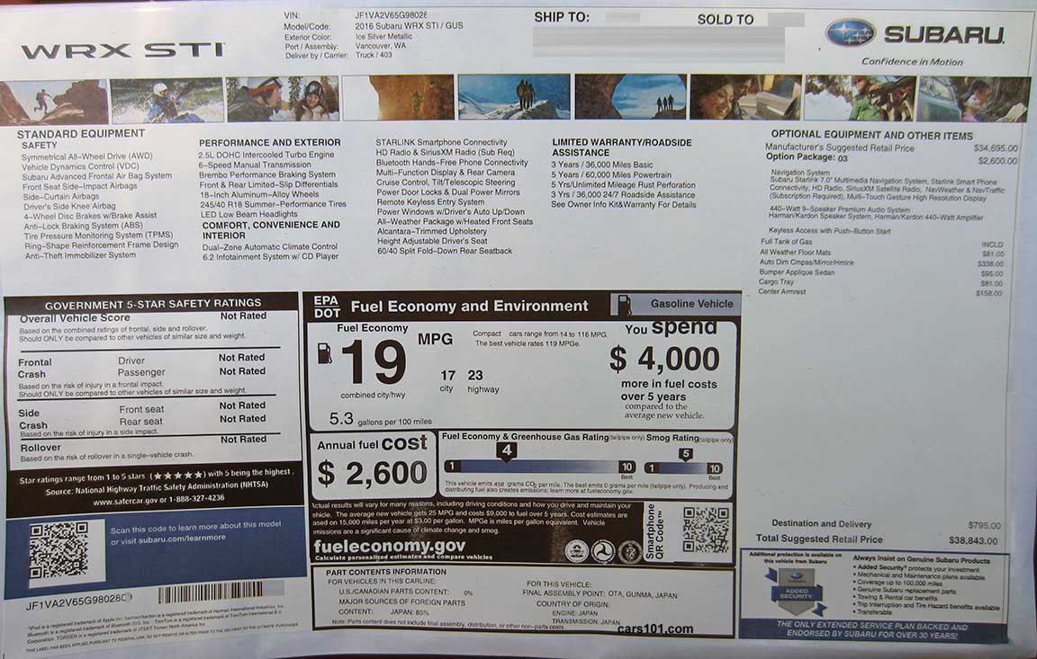 2016 Subaru STI, Option Package #03 navigation. ice silver, (model code GUS) window Monronet price sticker