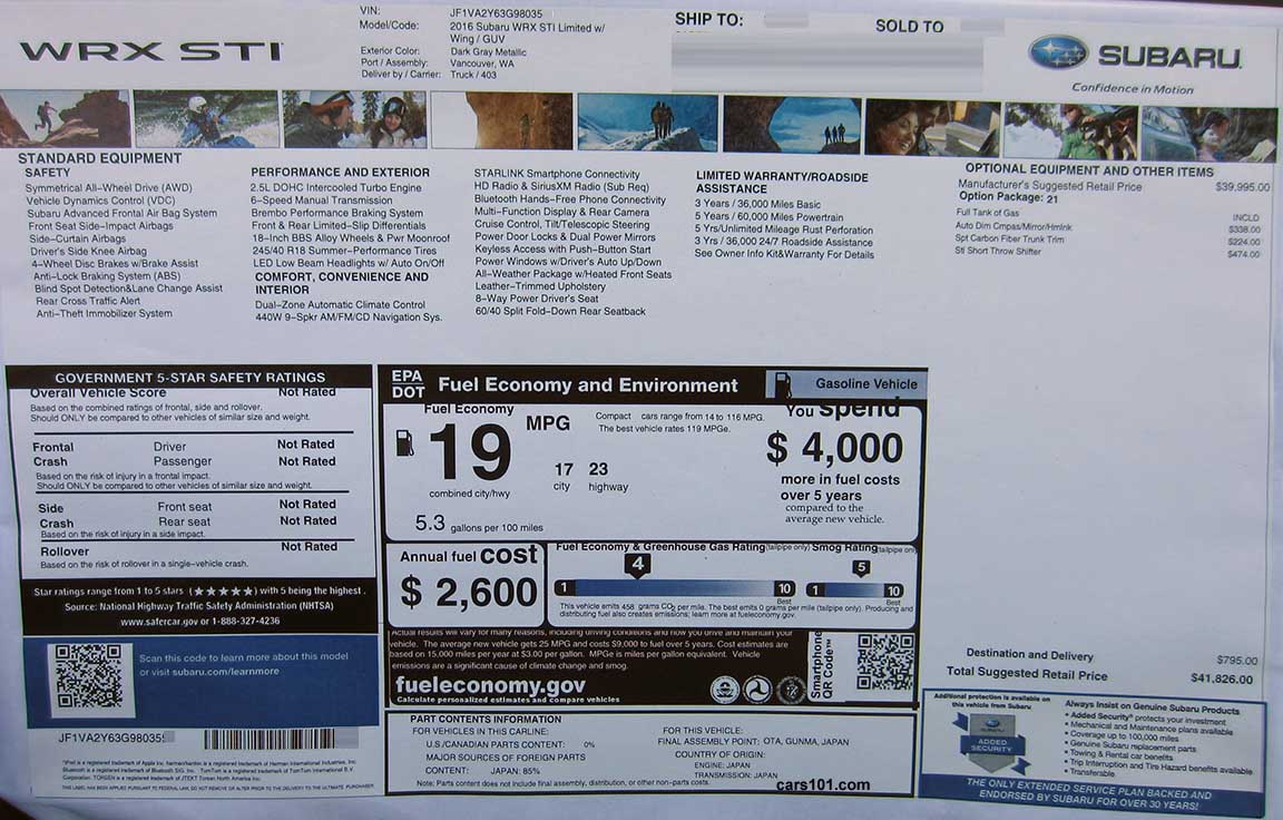 2016 Subaru STI Limited (model code GUV) standard Option Package #21 monroney price window sticker