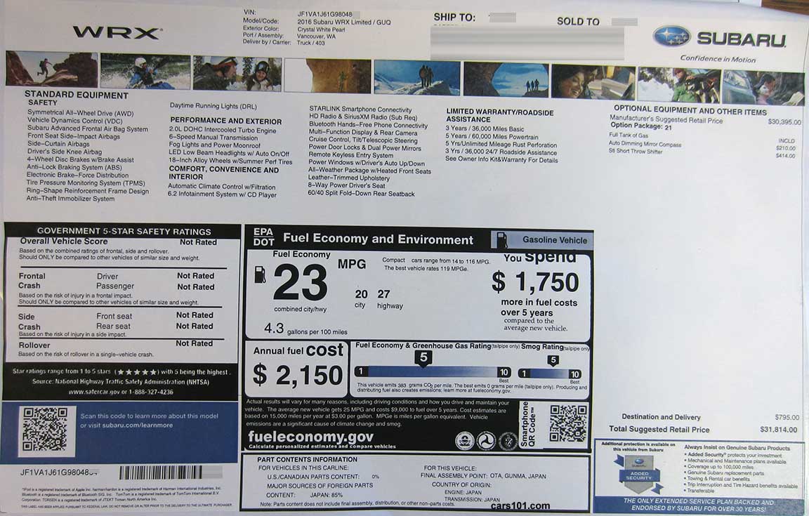 monroney price information label 2016 Subaru WRX Limited (code GUQ), Option Package 21