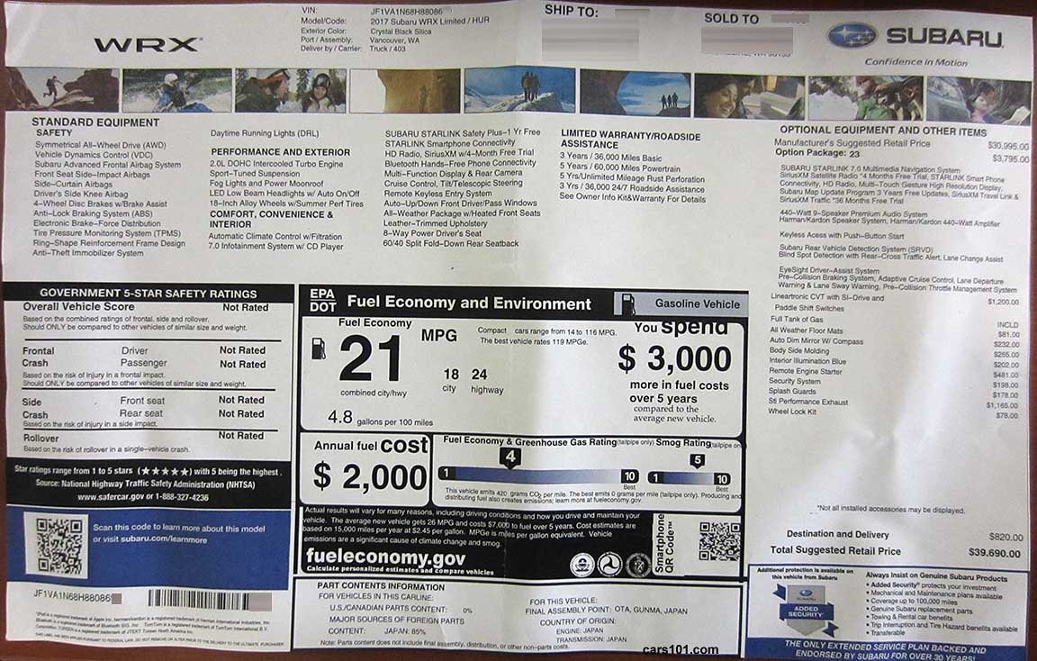 2017 Subaru WRX Limited (HUR) Option Package 23  window price sticker