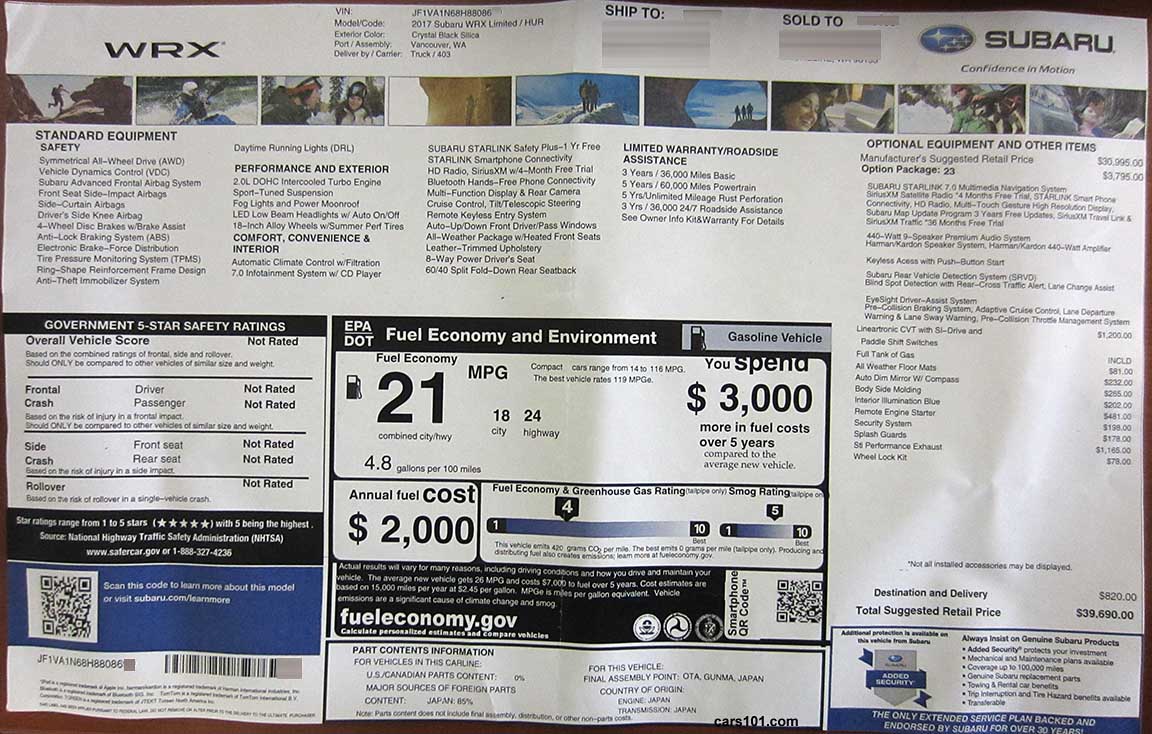 2017 Subaru WRX Limited (HUR) Option Package 23 window price sticker