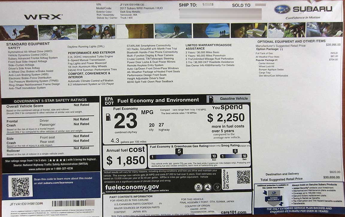 2017 Subaru WRX Premium (HUO) Option Package 11 window price sticker