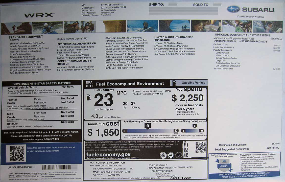 2017 Subaru WRX (HUN) Option Package 01 window price sticker