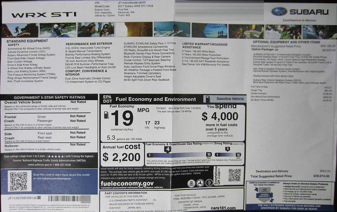 2017 Subaru STI (HUS) Option Package 03 window price sticker
