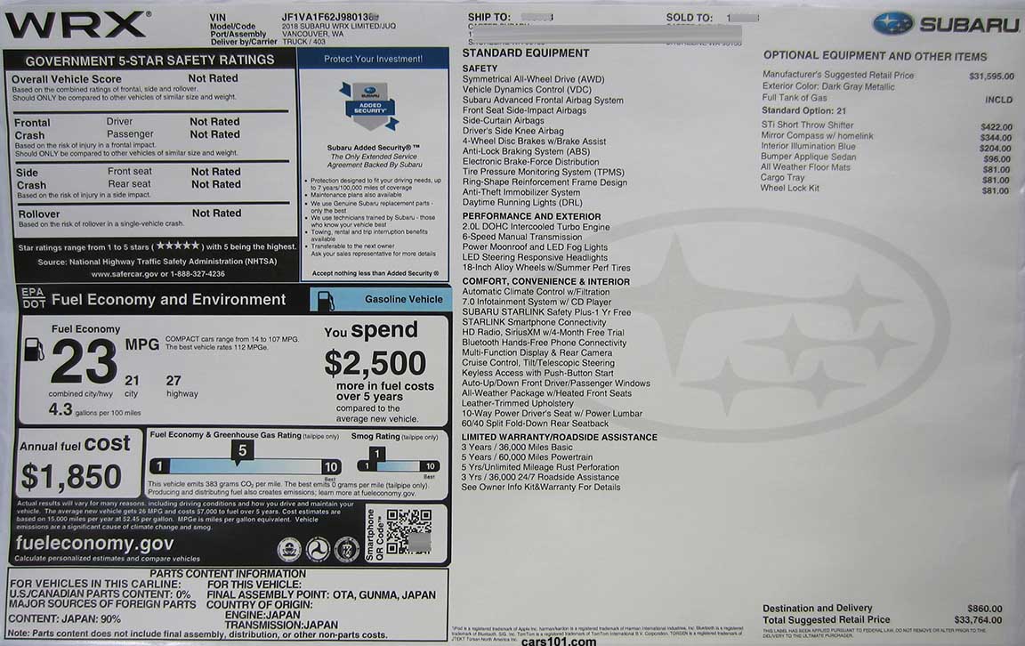 2018 Subaru WRX STI feature and price Monroney window sticker. WRX Limited manual transmission shown (model code JUQ)