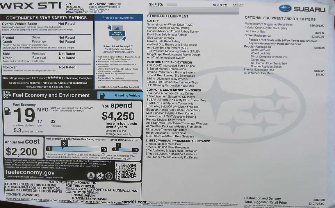 2018 Subaru WRX STI (model code JUS) with Option Pkg #3 recaro seats, Monroney features and price window sticker