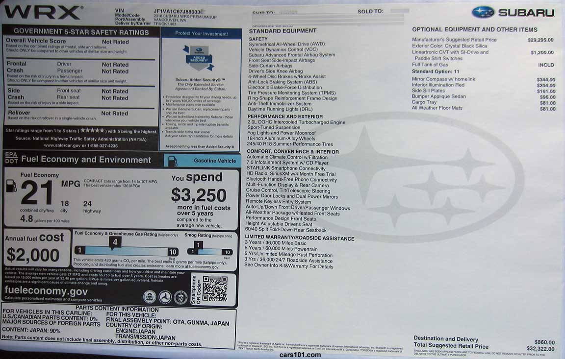2018 Subaru WRX Premium CVT transmission (model code JUP) features and options Monroney price window sticker.